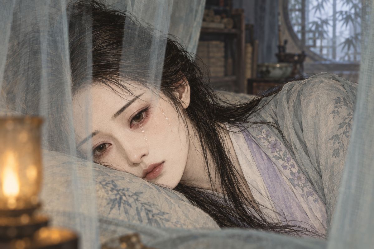 She spoke harshly, but the words went straight to her heart. When Zijuan had fallen asleep, Daiyu lay awake and wept the whole night through, and only dozed a little as dawn came. The next morning she forced herself to wash and eat a little bird's-nest congee before Grandmother Jia arrived to see her.