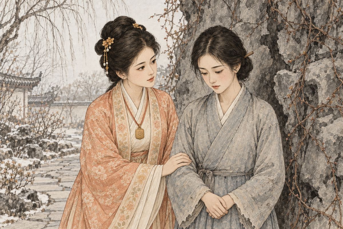 Meanwhile Grandmother Jia had matched Lady Xing's poor niece Xiuyan with Aunt Xue's nephew Xue Ke. Behind a rock wall Baochai asked why Xiuyan was already in lined clothes. Xiuyan admitted her aunt had taken half her allowance, so she had pawned her padded clothes. Baochai promised to redeem them quietly. The pawnshop turned out to belong to the Xues.