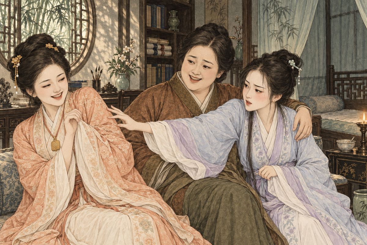 At Bamboo Lodge Aunt Xue comforted the orphaned Daiyu. Then, half joking, she proposed matching her with Baoyu, since Baoyu would never like a stranger's daughter. Daiyu blushed and struck at Baochai, and the maids laughed. Nothing came of it. When Xiangyun later brought in the pawn ticket she had found, Baochai quickly folded it away.