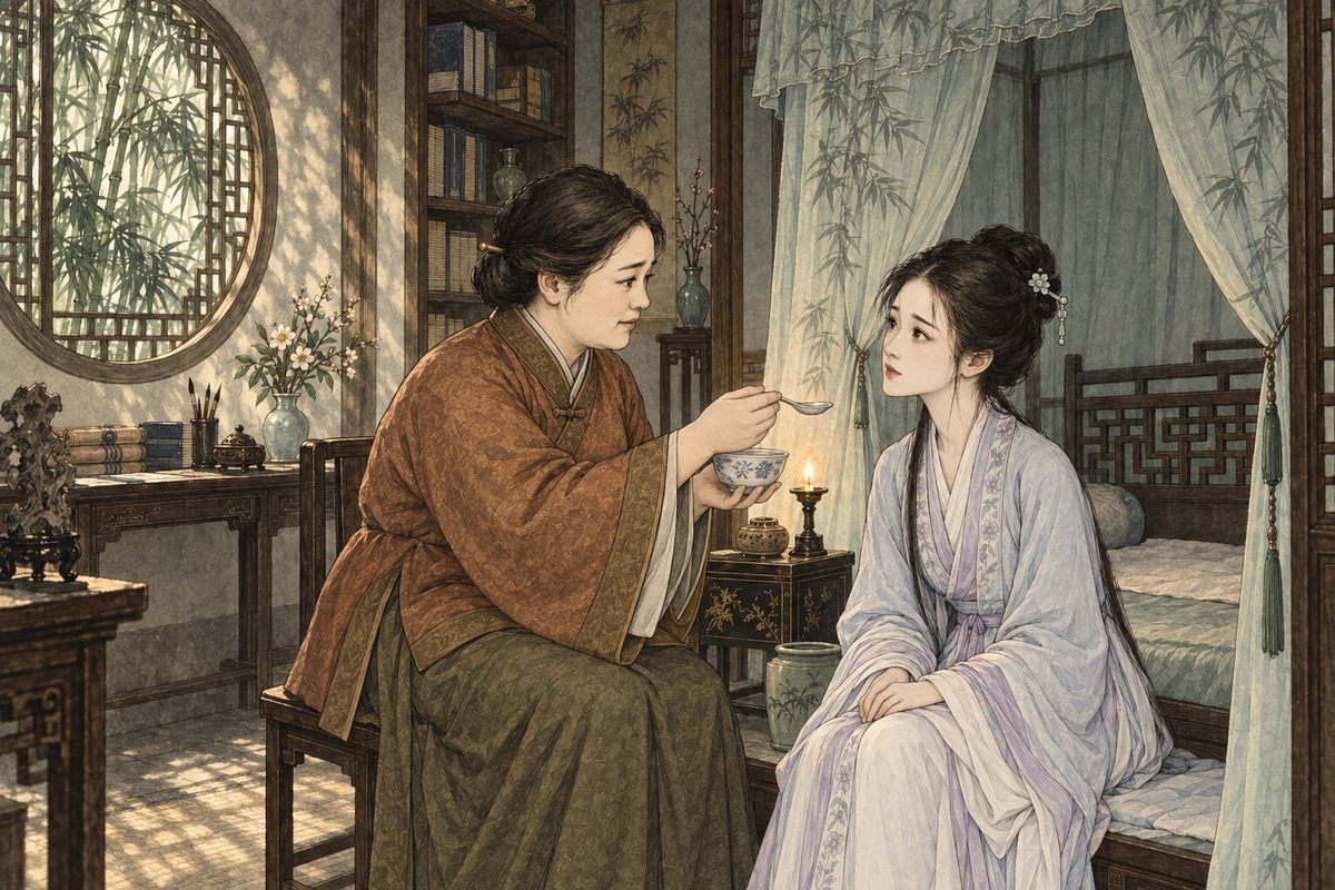 An old Dowager Consort died, and every titled house went into mourning: no feasts, no music. Grandmother Jia and Lady Wang attended the rites at court each day, leaving You-shi to manage both mansions. Aunt Xue moved into Bamboo Lodge to care for Daiyu, who was so touched that she began calling her 'Mother'.