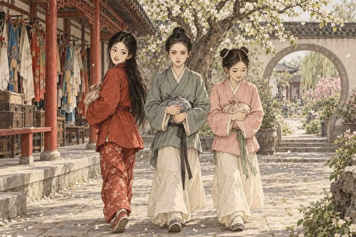 Titled families were also told to dismiss their private troupes. Of the twelve girl actors, only four or five chose to go home; the rest had nowhere to go, or feared being sold again, and stayed on as maids. Fangguan went to Baoyu, Ouguan to Daiyu and Ruiguan to Baochai, while the old women who had once served them nursed their grudges.