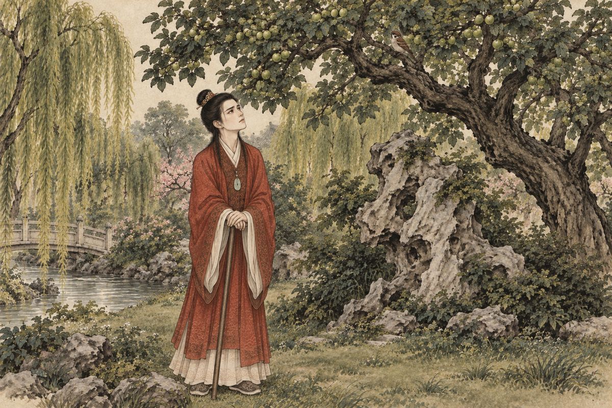 At Qingming Baoyu, still weak from illness, went out on a cane. Behind the rocks the great apricot tree had shed its blossom and hung with tiny green fruit. Thinking of Xing Xiuyan's betrothal, and how soon lovely girls grow old, he stood there weeping. 'I was ill a few days, and missed the apricot flowers entirely!'