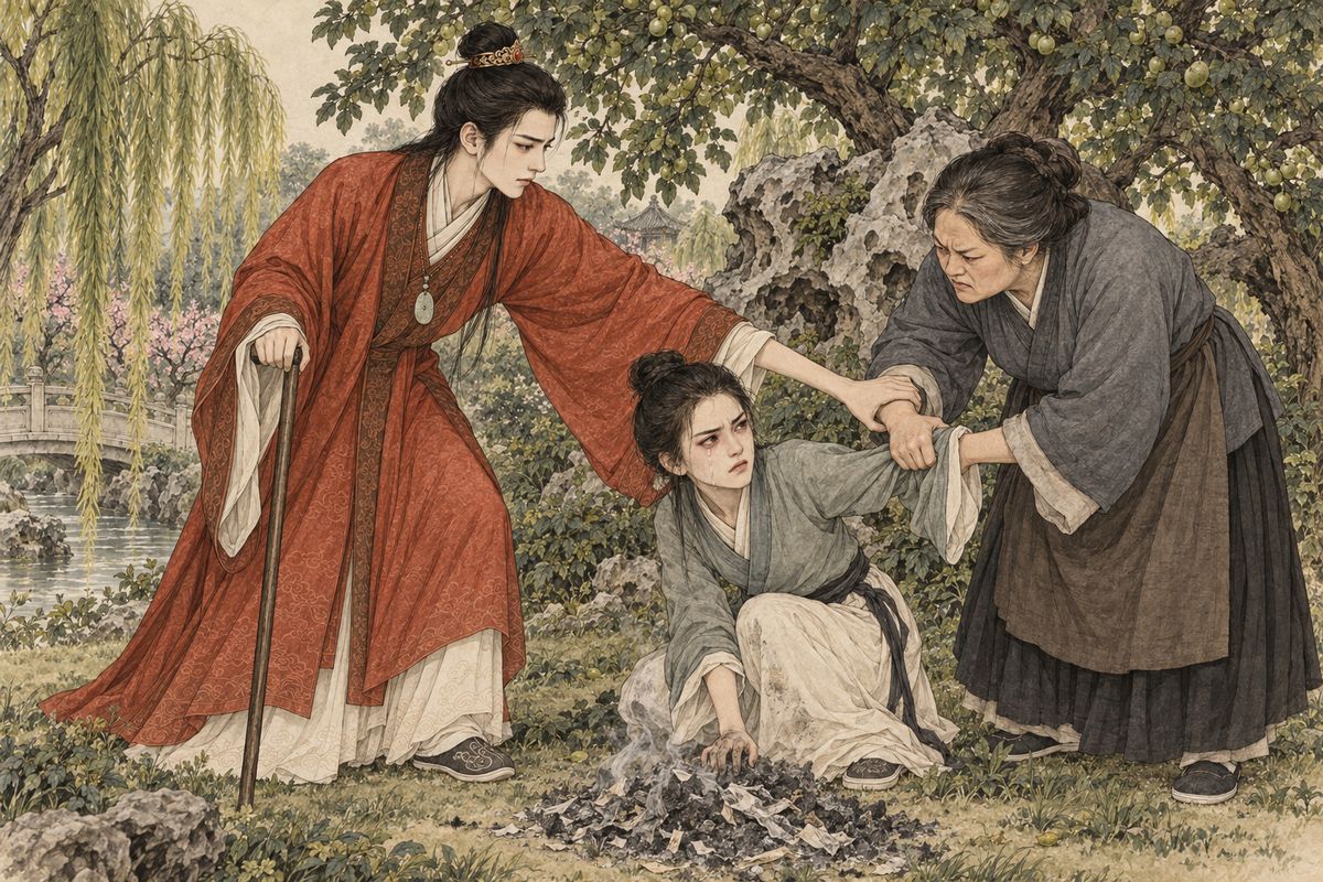 A flash of fire startled the sparrow away. Ouguan, face streaked with tears, was burning paper money, forbidden in the Garden, and her godmother was dragging her off to be punished. Baoyu knocked the woman's hand away with his cane and invented a tale: the Apricot Spirit had asked him in a dream for white paper money, burnt by a stranger, to cure him.