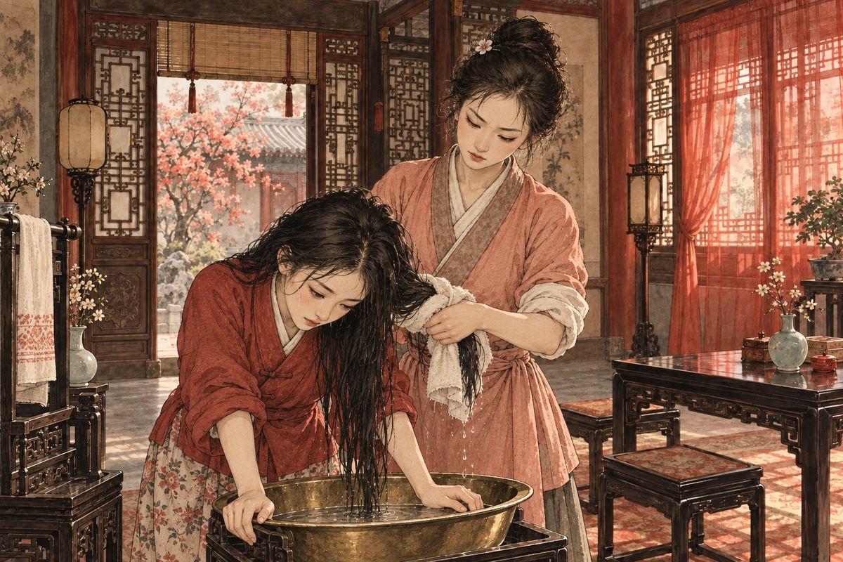 That evening Fangguan's godmother, Chunyan's mother, let her own daughter wash first and handed Fangguan the used water, then struck her when she complained. Qingwen and Sheyue scolded the woman: no mother had a right to discipline a girl in the young master's rooms. Then Qingwen washed the sobbing Fangguan's hair herself and pinned it up loosely.