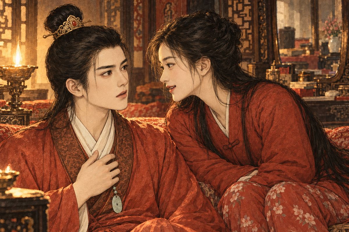 After dinner, alone with Baoyu, Fangguan explained. Ouguan had played the young man and Diguan the heroine; acting husband and wife day after day, they had come to love each other for real. Since Diguan's death Ouguan had never stopped mourning her. Moved, Baoyu asked Fangguan to tell Ouguan that incense and a sincere heart were enough, and no more paper money.