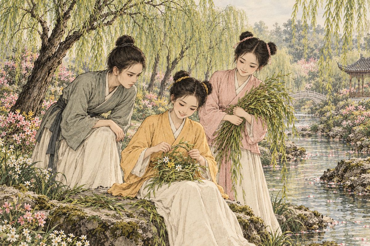 Soon Grandmother Jia and Lady Wang left to escort the coffin to the imperial tomb, a month's absence, and Lai Da locked the gates and doubled the night watch. One spring morning Yinger, sent to fetch rose powder, lingered on Willow Bank with Ruiguan and Ouguan, weaving a basket from young willow shoots and filling it with flowers.