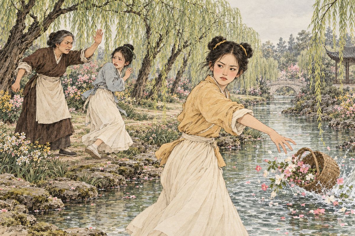The bank was tended by Chunyan's aunt, who guarded every twig. Seeing the stripped willows, she beat Chunyan with her stick; Chunyan's mother, still sore over Fangguan, came and slapped her too. Chunyan fled to Baoyu, and Yinger angrily flung the flowers into the stream. Ping'er arrived once it was settled, sighing: 'One quarrel ends and the next begins.'