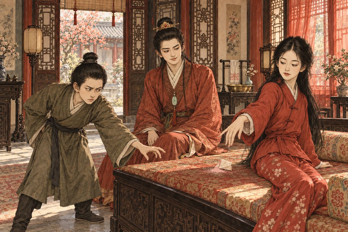 When Jia Huan begged half the rose-nitre Ruiguan had sent Fangguan, she would not part with her friend's gift. Her own box turned out to be empty, so she wrapped up some jasmine face powder instead, and rather than put it into his hand, she tossed it onto the kang.