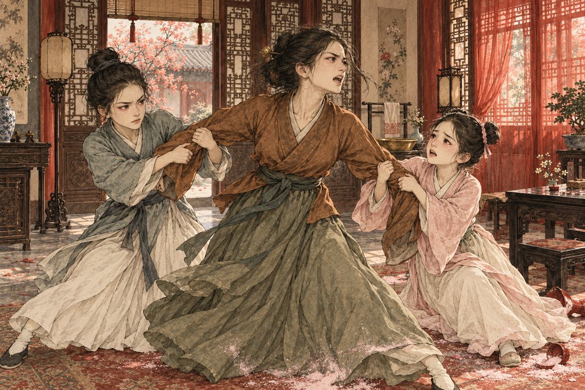 Caiyun saw at once that it was only powder. Goaded by her son's taunts and by old Mrs Xia, Concubine Zhao stormed into Happy Red Court, flung the powder in Fangguan's face and slapped her. Ouguan, Ruiguan, Kuiguan and Douguan rushed in and held her fast, until Tanchun arrived and sent her off with a stern lecture.