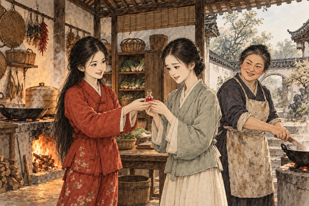 Liu's wife, the garden cook, hoped to place her frail, pretty daughter Wu'er among Baoyu's maids, and Fangguan had promised to ask for her. That evening Fangguan brought Wu'er the last of Baoyu's rose dew, bottle and all. When Wu'er said she could not bear to wait, Fangguan laughed: 'Don't worry, you have me.'