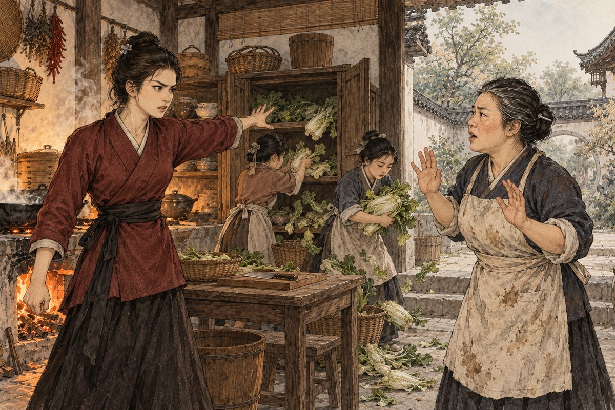 Liu's wife took half the dew to a feverish nephew outside and came back with a packet of poria frost, a tribute gift, while a gate-boy teased her about pilfered apricots. In the kitchen Siqi, told there were no eggs for her custard, sent her maids to fling the vegetables about.