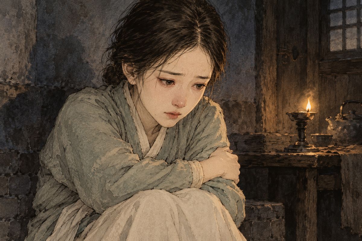 Ping'er put the punishment off until morning, and Wu'er was left with the night-watch women. Some scolded her and some grumbled about guarding a thief; her mother's enemies came in to jeer. Sick and frightened, she wanted tea and got none, water and got none, had no quilt to sleep under, and wept all night.
