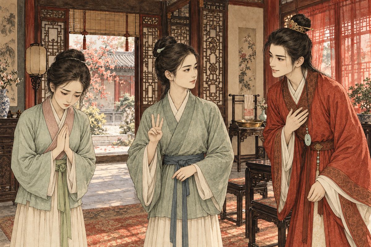 Ping'er learned that Caiyun had stolen the dew for Jia Huan at Concubine Zhao's urging, but exposing her would shame Tanchun. So Baoyu agreed to say he had taken it as a prank. Moved, Caiyun confessed and offered to take the blame herself. Ping'er freed Wu'er and her mother and talked Xifeng into leniency.