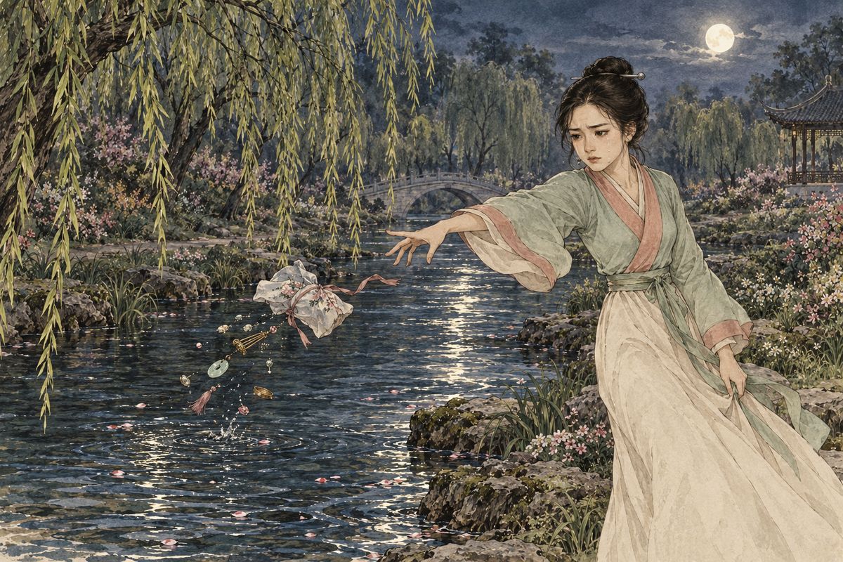Ping'er settled the kitchen affair quietly: Mrs Liu kept her post, and the woman sent to replace her left with her bribes wasted. But Jia Huan, suspecting Caiyun had confided in Baoyu, flung her secret gifts back in her face. That night Caiyun carried the bundle into the Garden and threw it all into the stream.