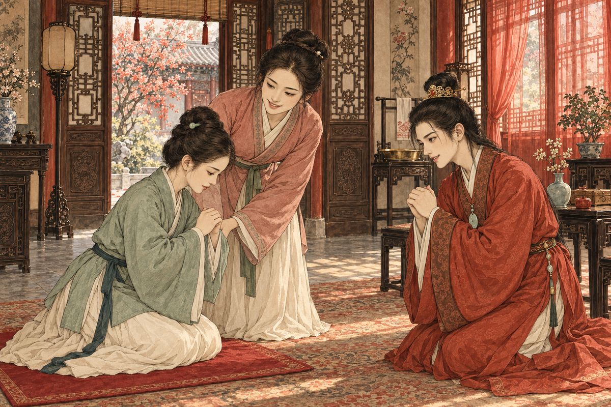 Baoyu's birthday came while the elders were away, so it was quiet. Then Xiren let slip that Ping'er shared the day, and so did Baoqin and Xing Xiuyan. Baoyu and Ping'er bowed and knelt to each other in turn, and Tanchun declared the girls would pool their money to give Ping'er a feast.