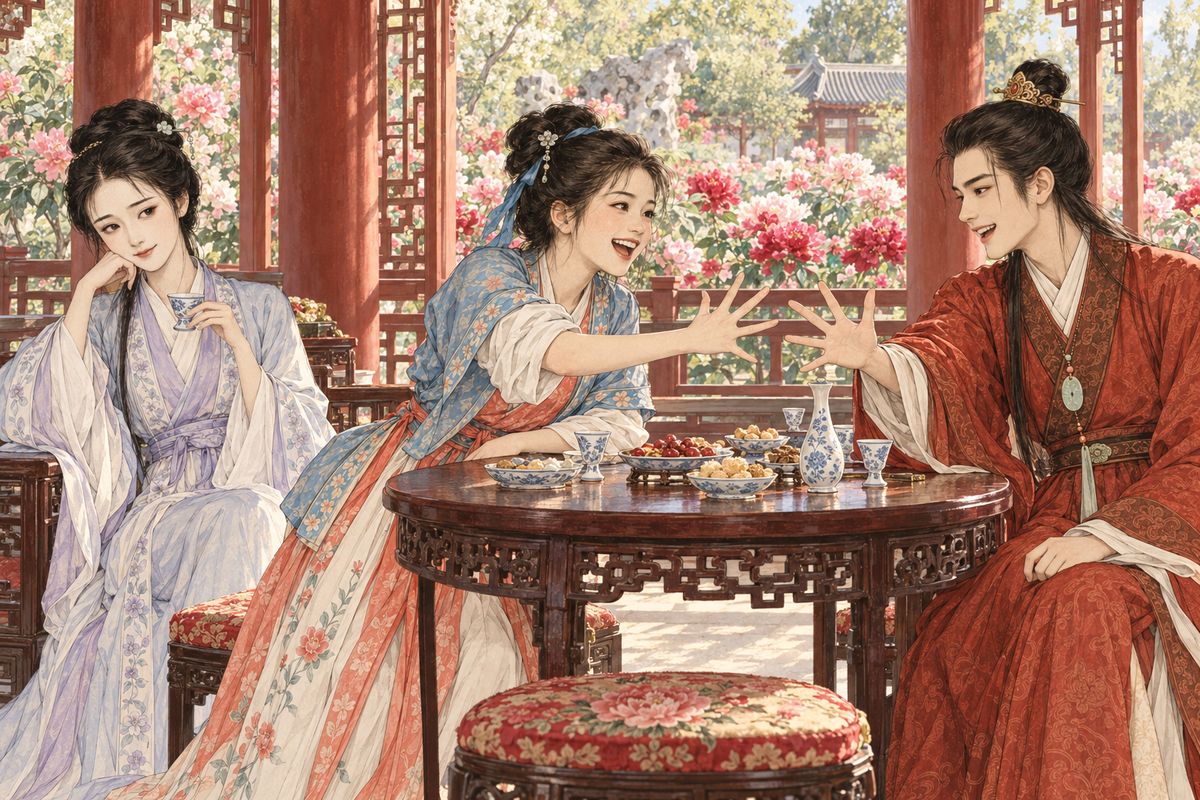 The feast was laid in the little open hall of Red Fragrance Garden among the peonies. Lots were drawn for drinking games: the bookish played at guessing hidden words, while Xiangyun, calling that too gloomy, took up noisy finger-guessing with Baoyu. Bracelets jangled, rules were broken, and forfeit cups were drunk one after another.