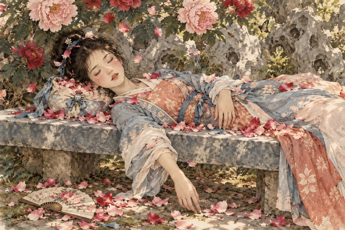 When the party broke up, Xiangyun had vanished. A little maid found her behind the rockery, drunk and seeking the cool, asleep on a stone bench, her head pillowed on a silk kerchief full of peony petals. Petals drifted over her face and robe, bees circled her, and even asleep she was mumbling drinking-game verses.