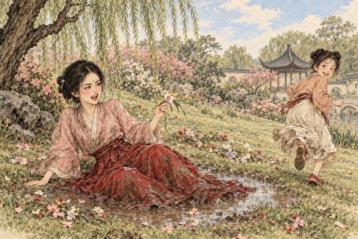 Out on the grass the young maids played at matching flowers. Xiangling produced a husband-and-wife orchid, two blooms on one stem. Douguan mocked her for missing her absent husband; they wrestled, and Xiangling fell into a rain puddle, soaking her new pomegranate-red skirt, a gift from Baoqin, in muddy water.