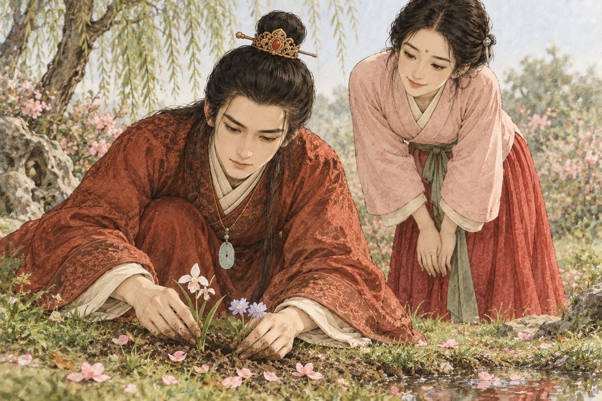 Baoyu found her alone with the stained skirt and had Xiren bring a matching one of her own. Then he crouched, dug a small hole with a twig, lined it with fallen petals, and buried her orchid with his twin-headed water-caltrop under petals and earth. 'Don't say a word to your cousin about the skirt,' Xiangling begged.