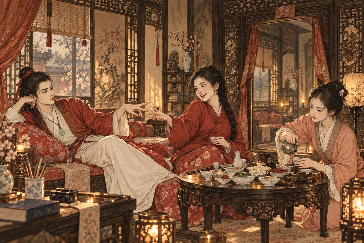 That night the maids of Happy Red Court gave Baoyu their own party, paying from their wages for forty little dishes and a jar of Shaoxing wine. Once the night inspection had passed and the gate was shut, they took off their formal clothes and let down their hair, and Baoyu and Fangguan started finger-guessing on the kang.