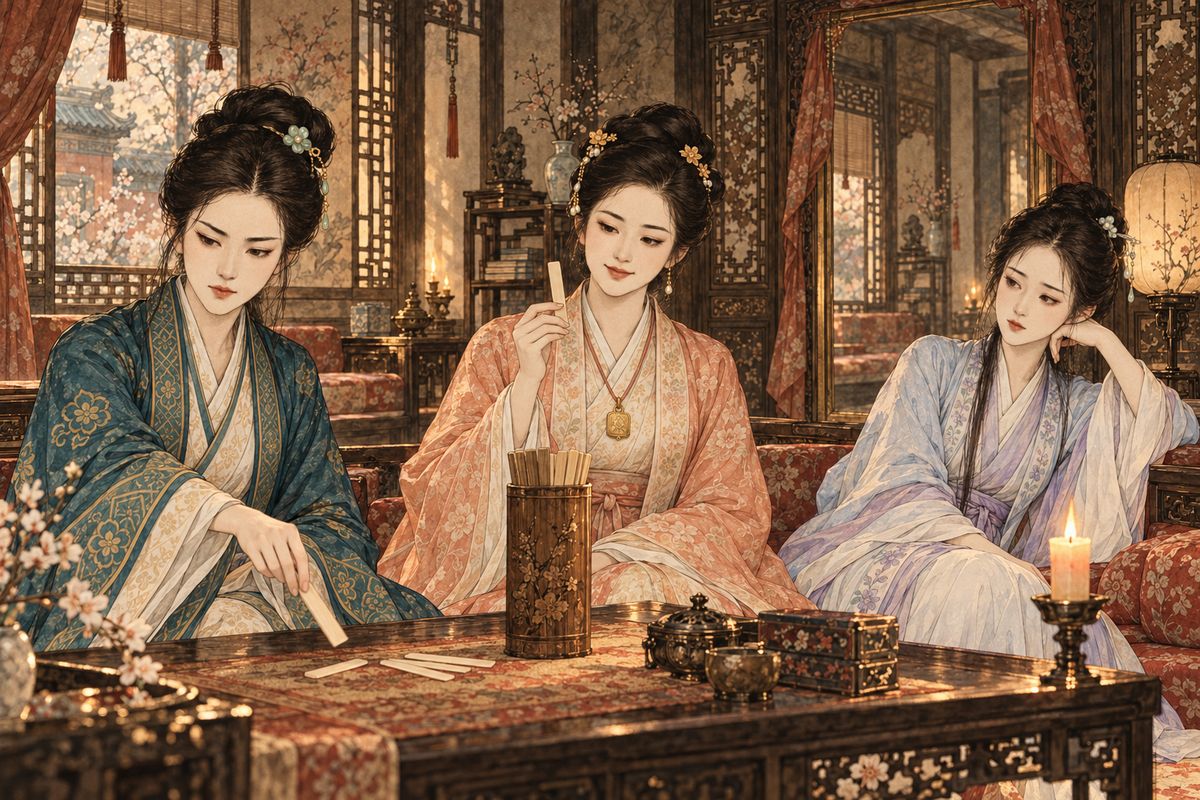 Baochai, Daiyu, Tanchun and others were fetched, and they drew ivory flower-lots. Baochai drew the peony, crown of all flowers; Tanchun the apricot, foretelling a noble husband, and she flung it down blushing; Daiyu the hibiscus of wind, dew and quiet sorrow; Xiren the peach blossom. Baoyu kept murmuring Baochai's verse: 'Though heartless, she still moves the heart.'