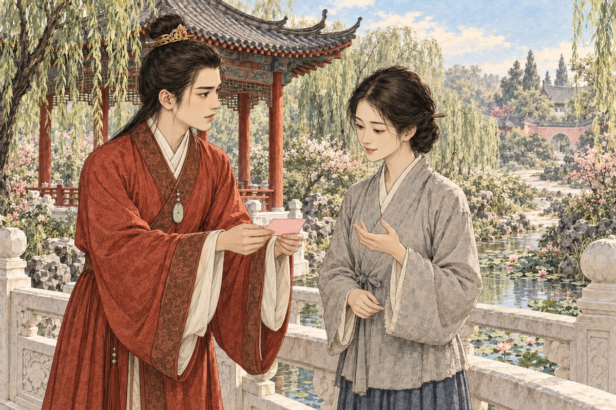 Next morning Baoyu found a pink card under his inkstone, signed by Miaoyu as one outside the threshold. At a loss, he asked Xing Xiuyan, the nun's old neighbour and pupil, who explained she meant beyond the iron threshold of the world. So Baoyu signed himself one inside the threshold and slipped his reply through the convent gate.