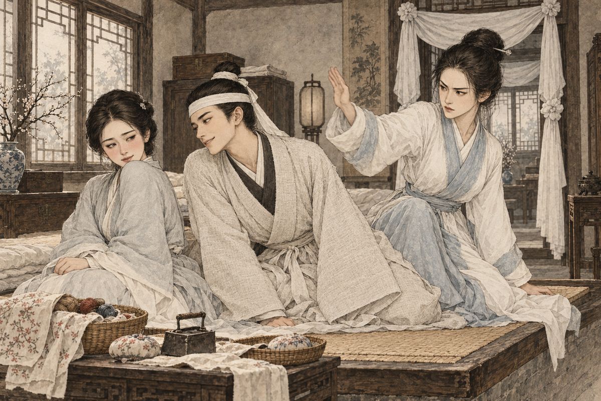 Jia Zhen and Jia Rong rode home through the night, and the emperor granted the dead man a posthumous rank. Sent ahead, Jia Rong went straight to You-shi's young stepsisters, who were staying at the Ning mansion. In deep mourning he wrestled Second Sister You for cardamom seeds; she spat the husks in his face, and he licked them up while the maids scolded him.