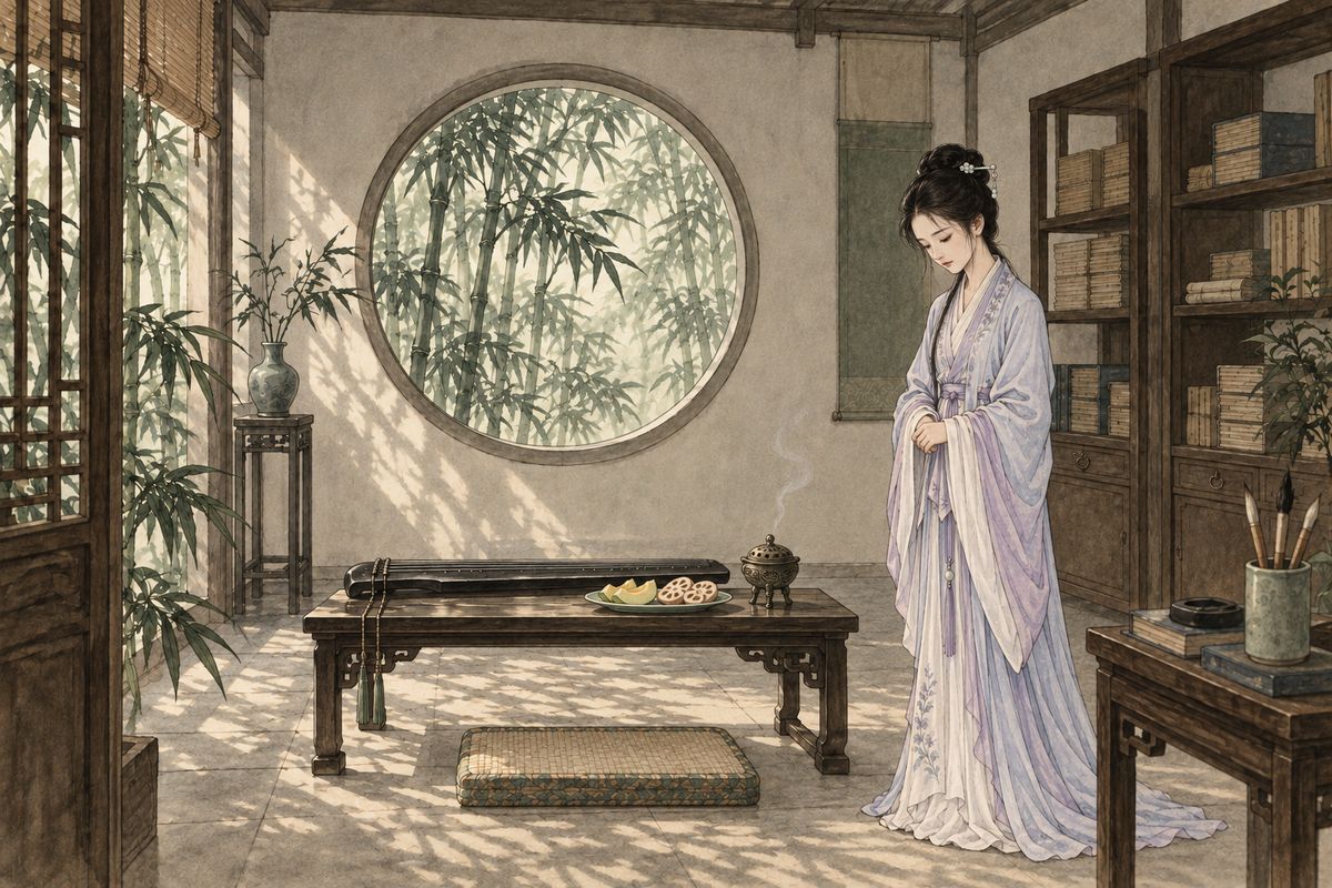 Jia Jing's coffin was carried back into the city before tens of thousands of onlookers, and Baoyu spent his days in mourning at the Ning mansion. Slipping home one afternoon, he heard from Xueyan that Daiyu had asked for melons, lotus root and an incense burner. Alone in Bamboo Lodge, she was making a private offering, most likely to her dead parents.