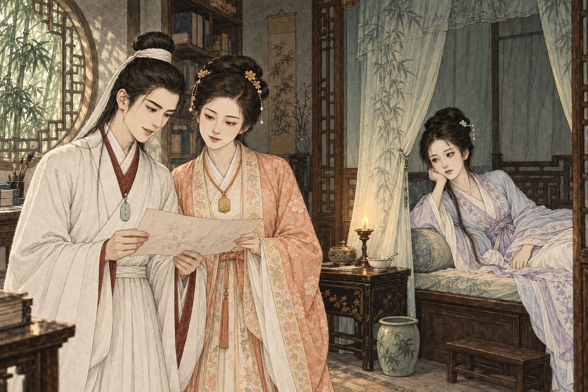 By the time Baoyu arrived, the incense was cold and Daiyu's face was tear-stained. Under her inkstone he found five poems on famous women of history: Xi Shi, Yu Ji, Mingfei, Lüzhu and Hongfu. He read them with Baochai, who praised how freshly they turned the old stories. 'Call them the Five Beauties,' Baoyu said, and wrote the title in himself.
