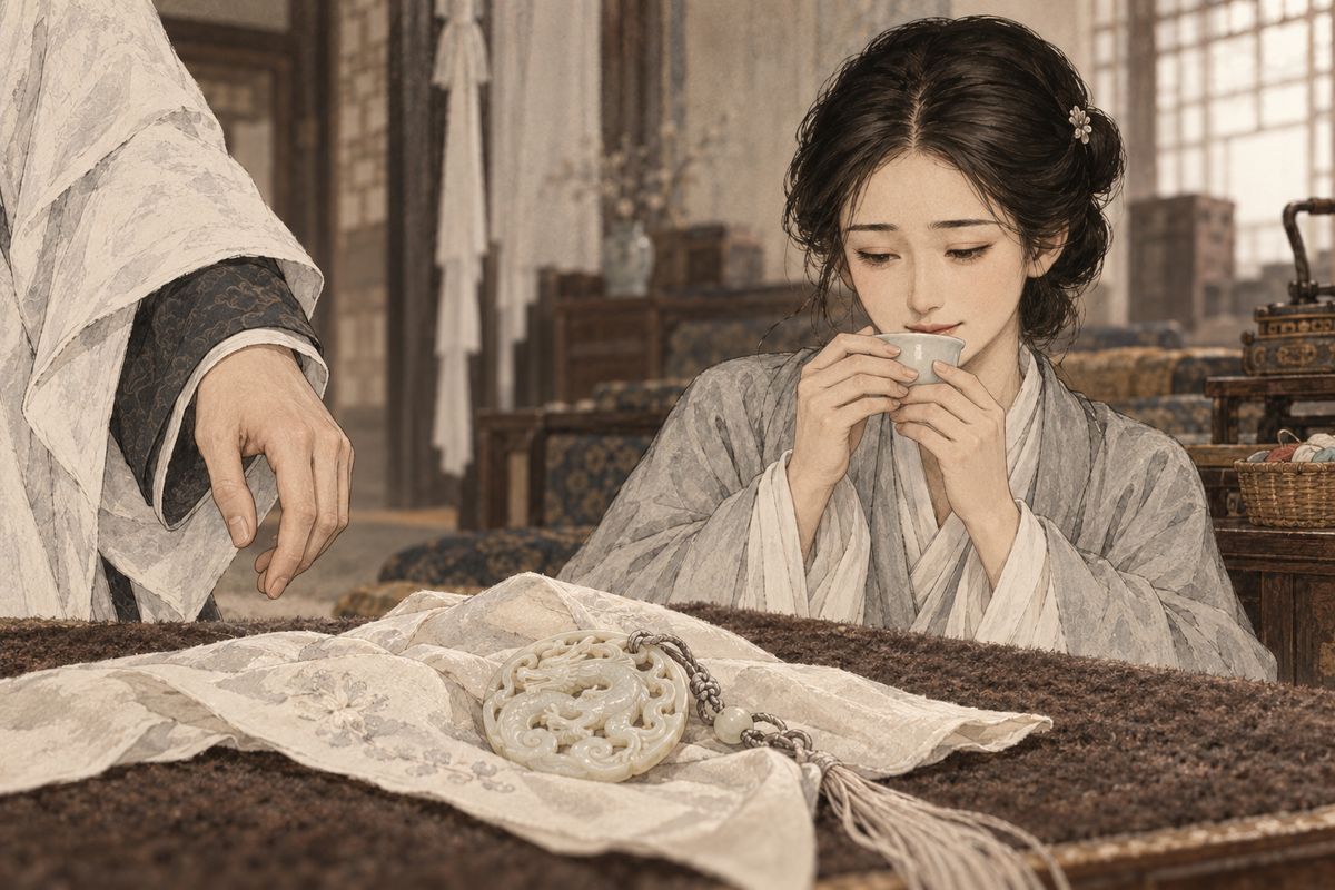 At the Ning mansion Jia Lian found Second Sister alone at her needlework. She tossed him her betel-nut purse. When the maids turned away, he untied his Han-jade Nine-Dragon Pendant, knotted it to her handkerchief and threw it back. She sipped her tea as if she had seen nothing, but a moment later the handkerchief had quietly disappeared.