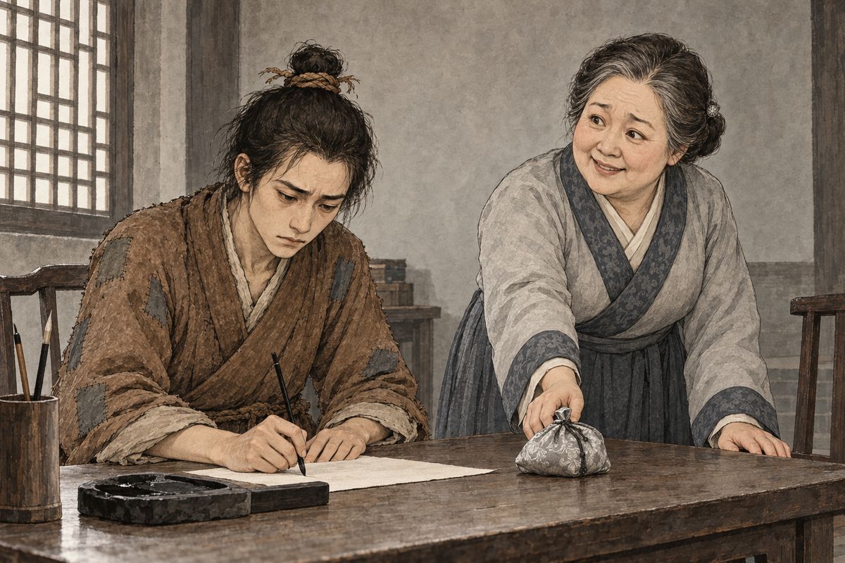 Jia Zhen approved, Old Mrs You was talked round, and Second Sister consented. A house was bought in Little Flower Lane. Zhang Hua, the destitute son of a bailiff, had been promised to her before birth. Summoned and afraid of the Jias, he signed away the betrothal for twenty taels. At dawn on the third, a plain sedan chair carried the bride in.