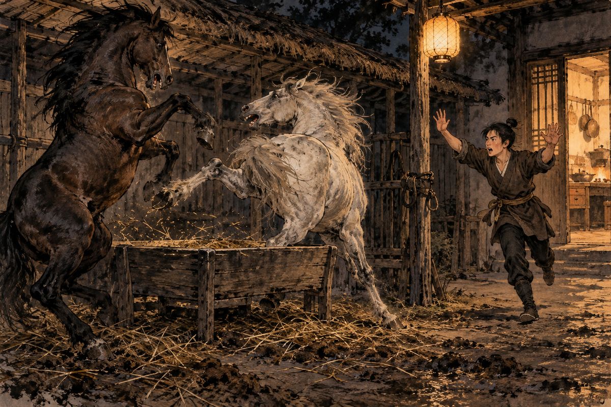 For two months Jia Lian lived there as a husband, and the servants called her 'Madam'. One evening Jia Zhen slipped in to see Third Sister, and then Jia Lian arrived unexpectedly. When his page Long'er went to tether his horse, he recognised Jia Zhen's already in the shed. The two horses at one trough would not tolerate each other and began kicking.