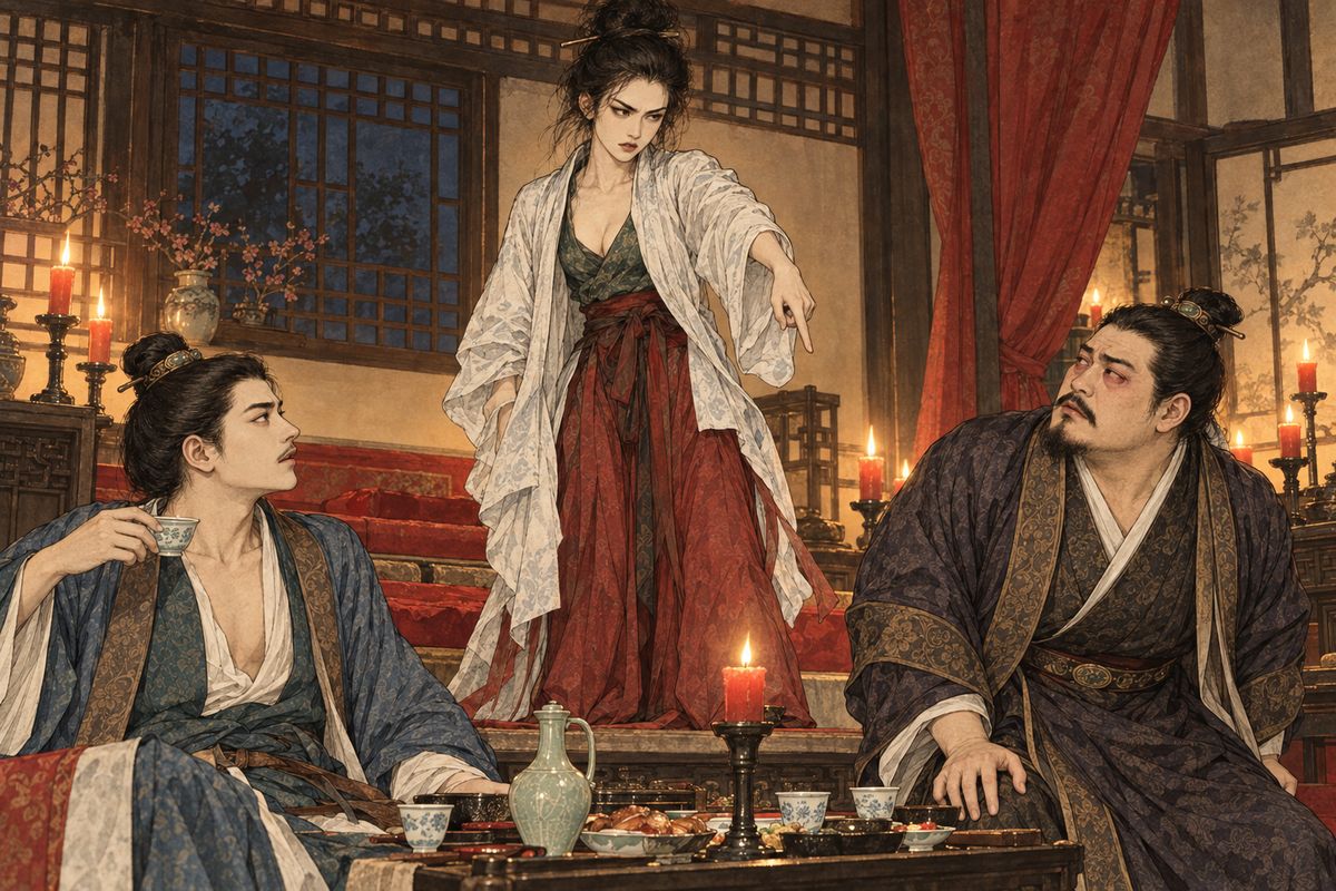 Jia Lian went to the west room to drink with Jia Zhen and to draw Third Sister in. Instead she stood up on the kang and mocked them both: 'You brothers spend a few stinking coins and take us sisters for playthings. You've reckoned wrong!' Then she poured wine down Jia Lian's throat until both men were frightened sober.