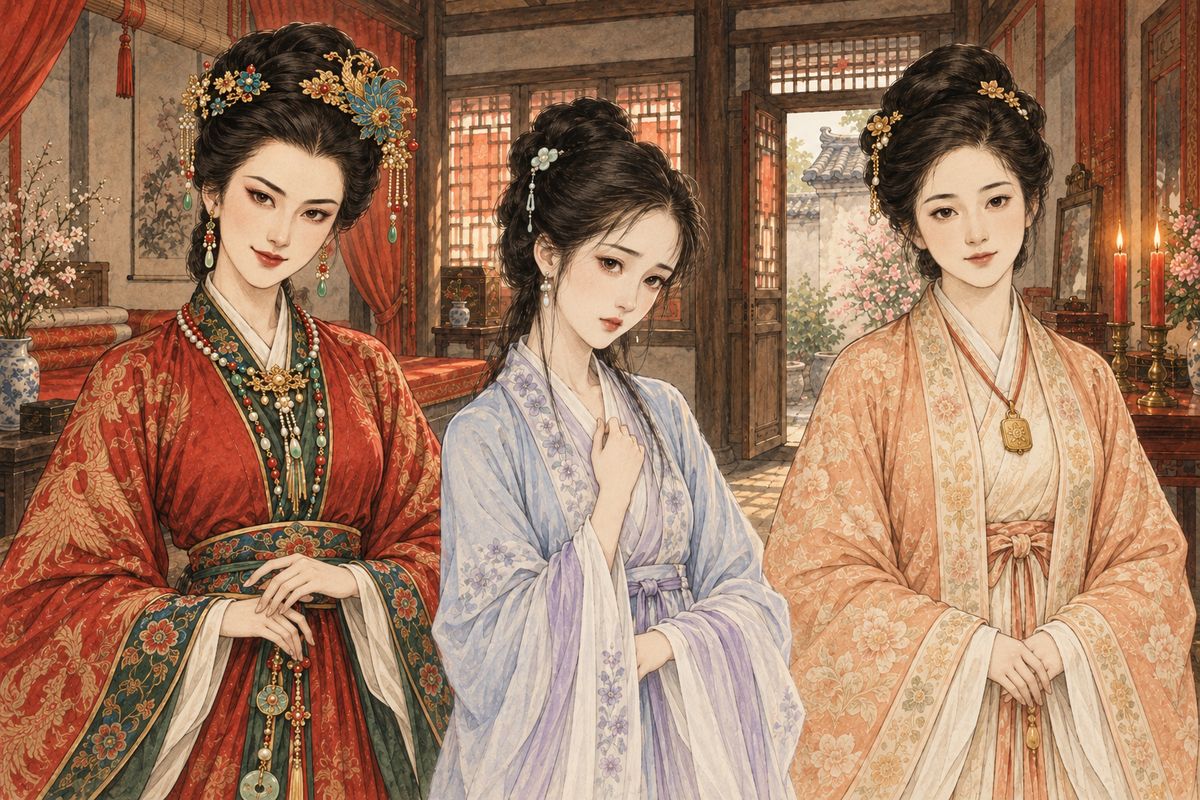 Jia Lian was called away, and his page Xing'er stayed to eat, squatting by the kang and describing the Rong household. Xifeng was 'sweet-mouthed, bitter-hearted'. Li Wan was the 'Great Bodhisattva' and Tanchun the thorny 'Rose'. Daiyu was the 'Ailing Xi Shi' and Baochai seemed made of snow: none dared breathe near them, lest one blow over or the other melt.
