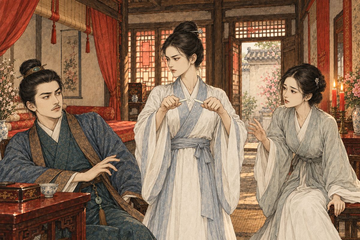 As Jia Lian prepared to travel to Ping'an Prefecture, Third Sister You named the man she would marry: Liu Xianglian, whom she had seen play a young lover on stage five years before. She would wait a year, ten years, or become a nun. Then she snapped a jade hairpin in two. "If one word is false, let me be like this pin."