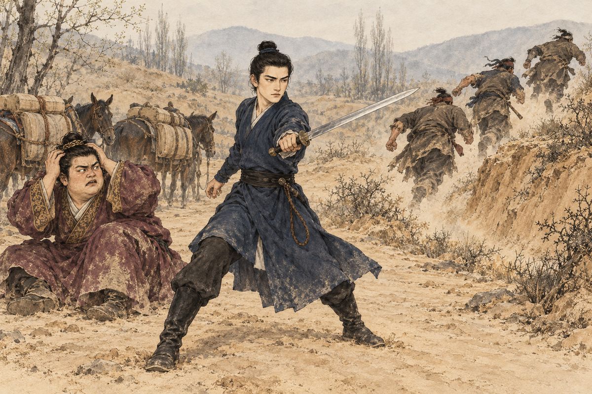 Three days out, Jia Lian met Xue Pan and Liu Xianglian riding together. Bandits had robbed Xue Pan's caravan on the Ping'an border; Xianglian had driven them off and saved his life, and the two had sworn brotherhood. Offered a match, Xianglian gave Jia Lian his family heirloom, the Mandarin-Duck Swords, as a betrothal pledge.