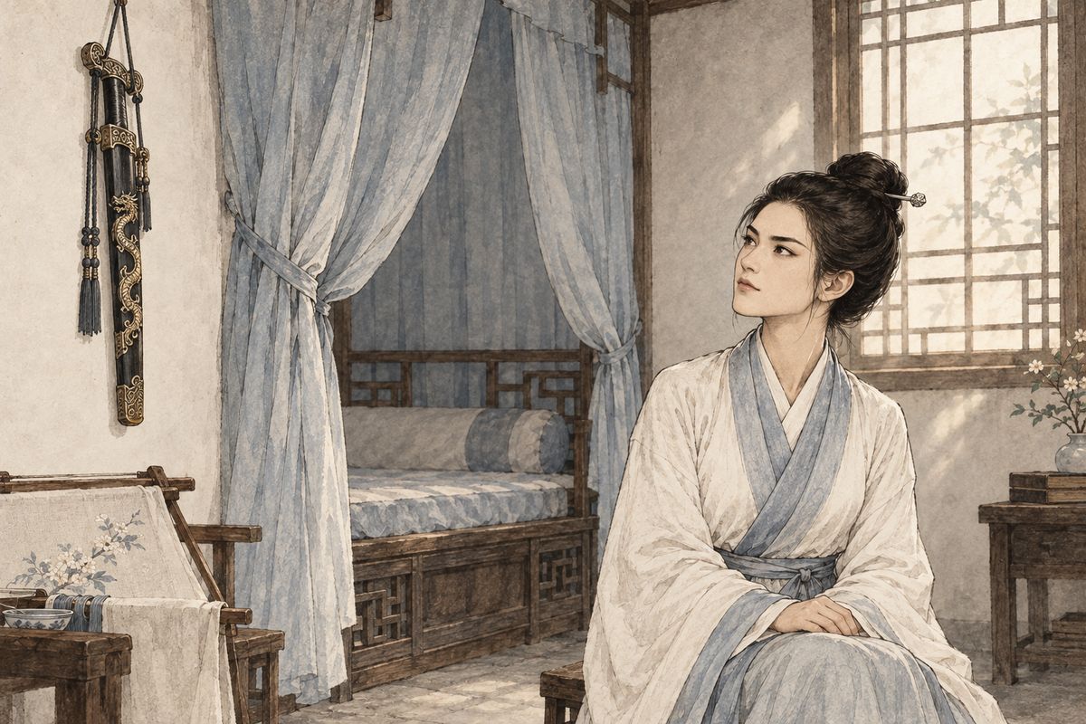 Jia Lian brought the swords home to Third Sister. Inside the dragon-mounted scabbard lay two blades engraved "Mandarin" and "Duck", cold and bright as autumn water. She hung them over her bed and lived quietly, serving her mother and sister and seeing no one. Each day she gazed at the swords and smiled: her future was settled.