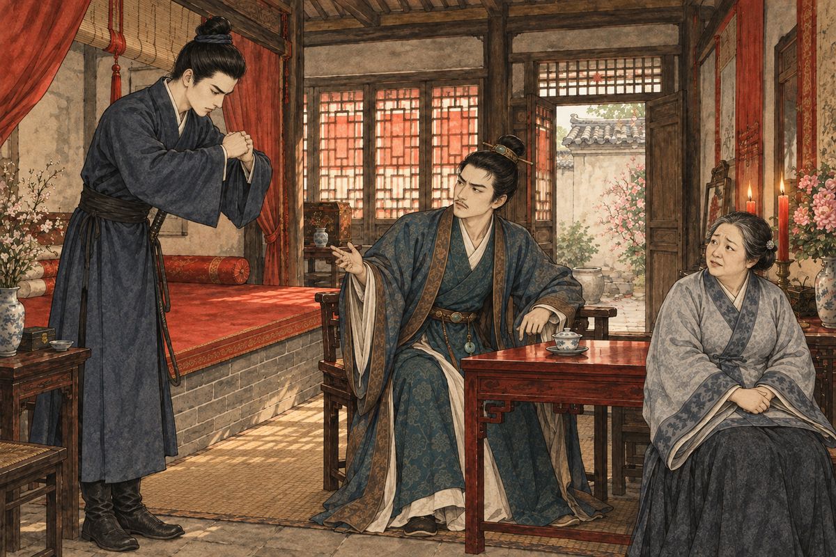 Xianglian reached the capital in the eighth month. When Baoyu told him the bride was a You sister from the Ning mansion, where he said only the stone lions were clean, he grew suspicious. At the little house he called Old Mrs You "aunt", not mother-in-law, and asked for the swords back. Jia Lian bristled: "A betrothal is binding."