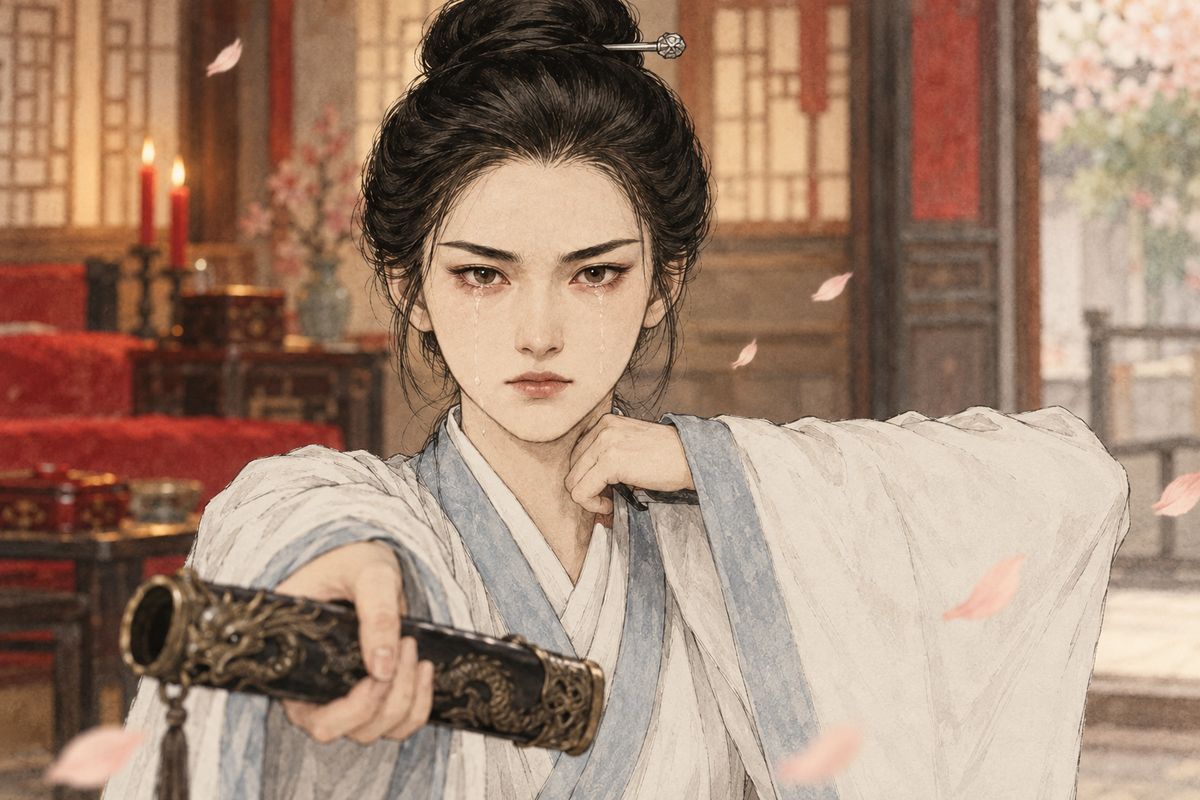 From her room Third Sister heard it all and knew he despised her as a wanton. She came out with the swords, tears streaming. "No need to go out and discuss it. Here is your pledge." With her left hand she held out the scabbard; with her right she drew the female blade across her throat, and was gone.