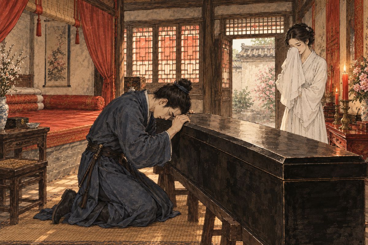 Old Mrs You wailed and cursed him, and Jia Lian had him bound for the magistrate until Second Sister talked him out of it. But Xianglian would not go. "I never knew she was so resolute a wife." He wept over her body, and when she was laid in her coffin, he wept over the coffin again before he left.