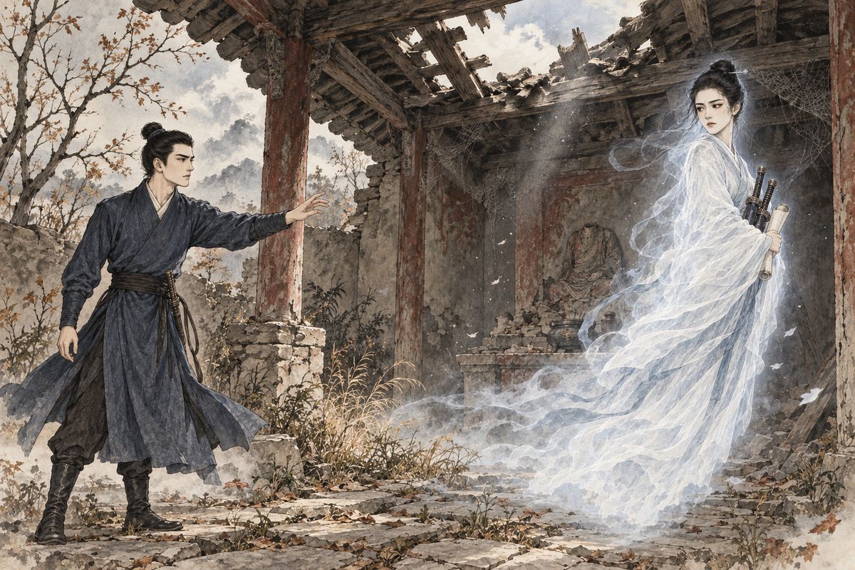 He wandered out in a daze, and seemed to be led to a fine new house. There Third Sister came in to the chime of jade pendants, the swords in one hand and a register in the other. She had waited five years, she said, and now went to serve the Fairy of Disenchantment. Dream or vision, she vanished on a fragrant wind.