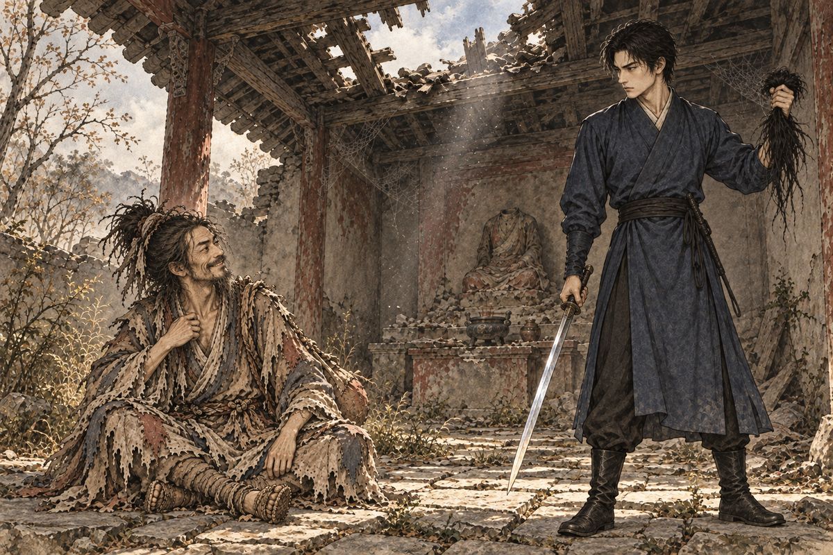 He woke in a ruined temple beside a Taoist picking lice. Asked where they were, the Taoist laughed that he knew neither the place nor himself. The words chilled Xianglian to the bone. He drew the male blade, cut off his hair and followed the Taoist away. Xue Pan searched the city in vain, and wept.