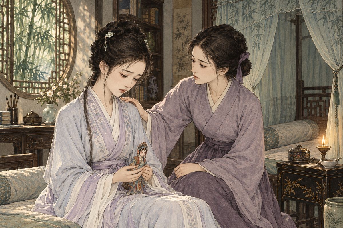 Xue Pan's cases of southern gifts finally arrived, and Baochai shared them round the Garden, with a double share for Daiyu. Concubine Zhao carried hers to Lady Wang to curry favour and was brushed off. But Daiyu, seeing things from her old home, wept for her dead parents and her lonely life as a guest.