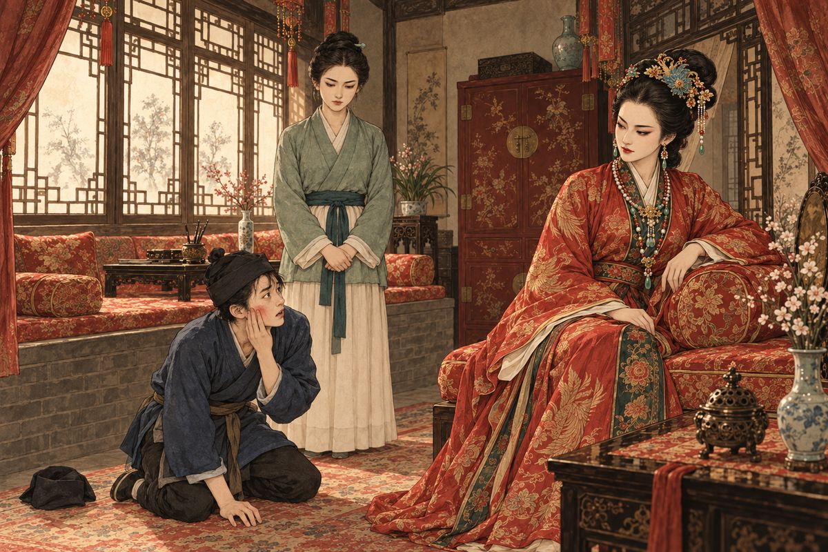Meanwhile a maid overheard pages praising a "new mistress", and the news reached Xifeng. She summoned Xing'er: "Slap your own mouth!" He struck himself a dozen times, knocked his head on the floor and confessed it all: the house, the wedding, Zhang Hua, Third Sister's death. Xifeng swore him to silence, brooded, then called Ping'er. She had a plan.