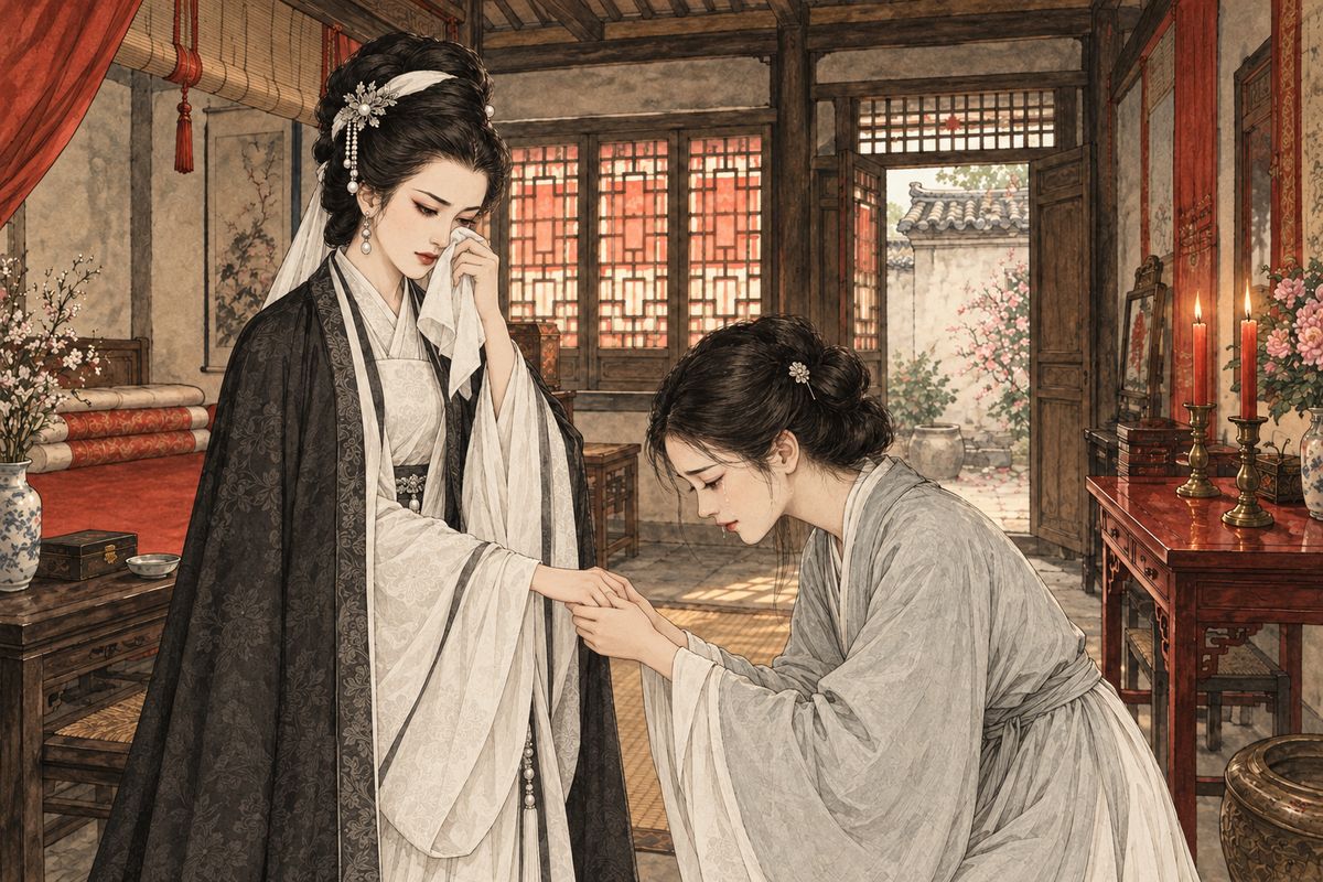 While Jia Lian was away on business, Xifeng drove to the Little Flower Lane house dressed all in mourning white, with no bright jewel on her. She blamed only herself, praised Erjie, begged her to come home and live as her sister, and wept. Erjie, disarmed, wept with her and took her for a true friend.