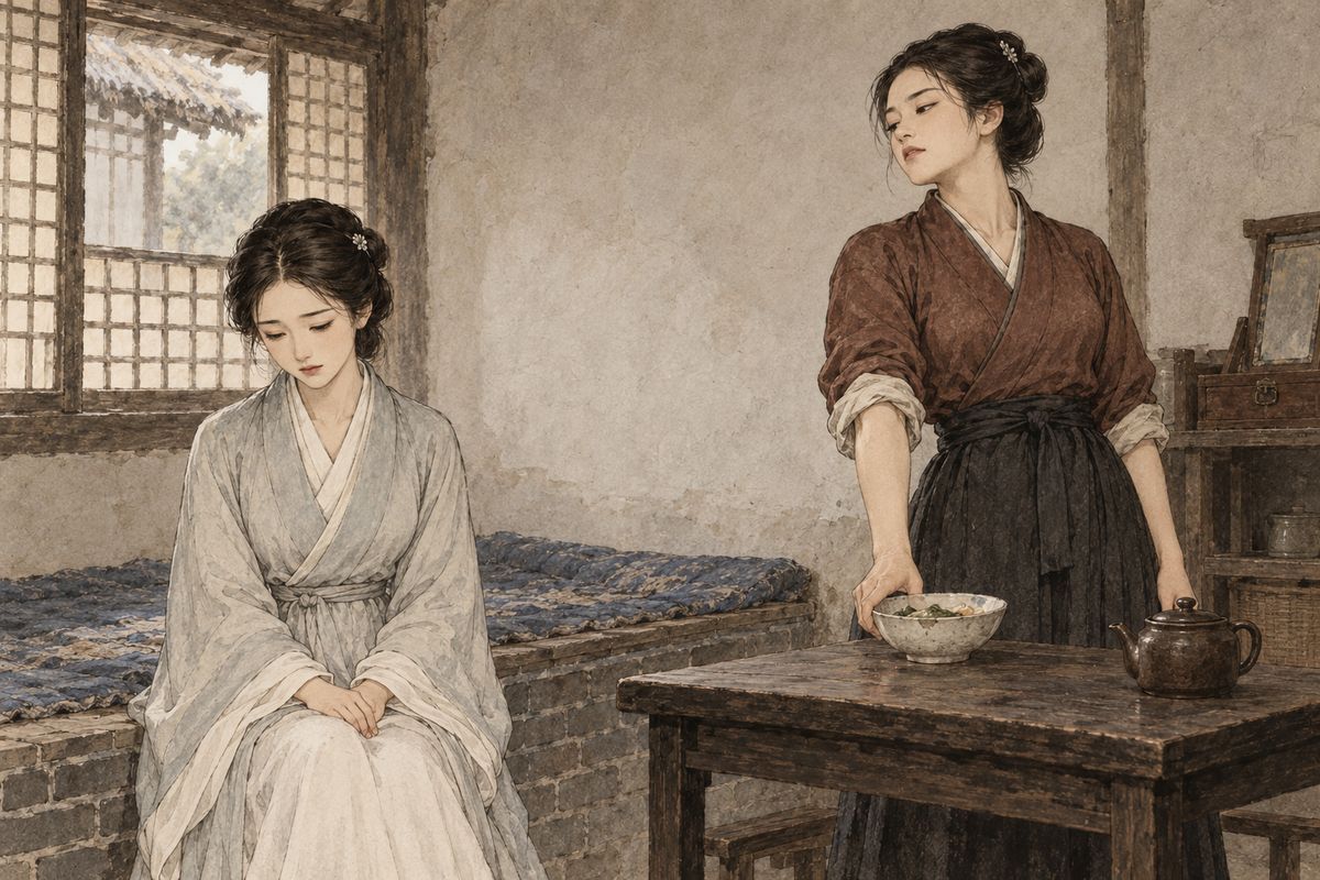 Xifeng slipped Erjie in through the Garden's back gate, lodged her with Li Wan, and threatened death to anyone who told Grandmother Jia. Within three days the maid Shanjie she had provided turned insolent: a request for hair oil earned a lecture on Xifeng's burdens, and Erjie's meals came late and left over. Afraid of seeming troublesome, Erjie said nothing.