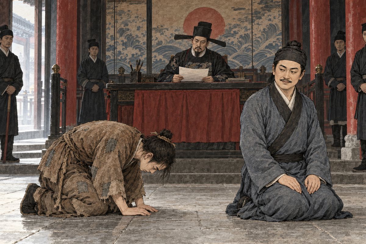 Meanwhile Xifeng paid Zhang Hua, Erjie's destitute former betrothed, to accuse Jia Lian at the Censorate of marrying in time of mourning, naming the steward Lai Wang as go-between. Lai Wang knelt cheerfully and 'reluctantly' drew in Jia Rong's name. Xifeng's three hundred taels had already reached the censor, who agreed only to make a frightening show of it.