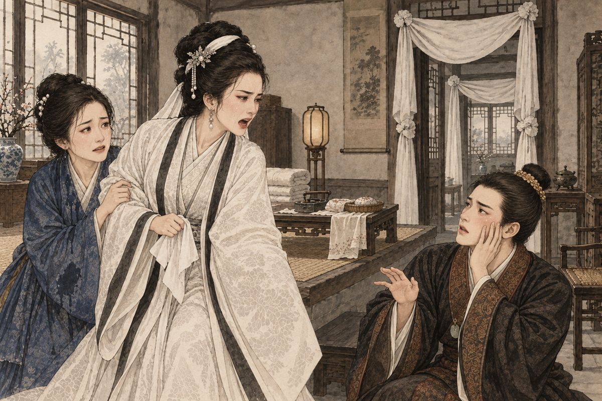 Armed with the lawsuit, Xifeng stormed into the Ning mansion, spat in You-shi's face and wailed that they had plotted to have her divorced. When she raised her hand at Jia Rong, he knelt and slapped his own face, left and right: 'Don't hurt your hand, Auntie, let me do it myself.' The servants hardly dared to laugh.