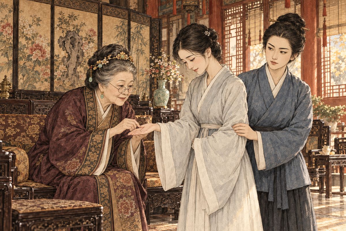 Having cowed the Ning household into her plan, Xifeng led Erjie to Grandmother Jia with a story of her own generosity. The old lady put on her glasses, had Yuanyang bring the girl close, and studied her skin, her hands, even her feet beneath the skirt. 'A flawless child, prettier than you,' she pronounced, and allowed her to stay, to be wed properly after a year.