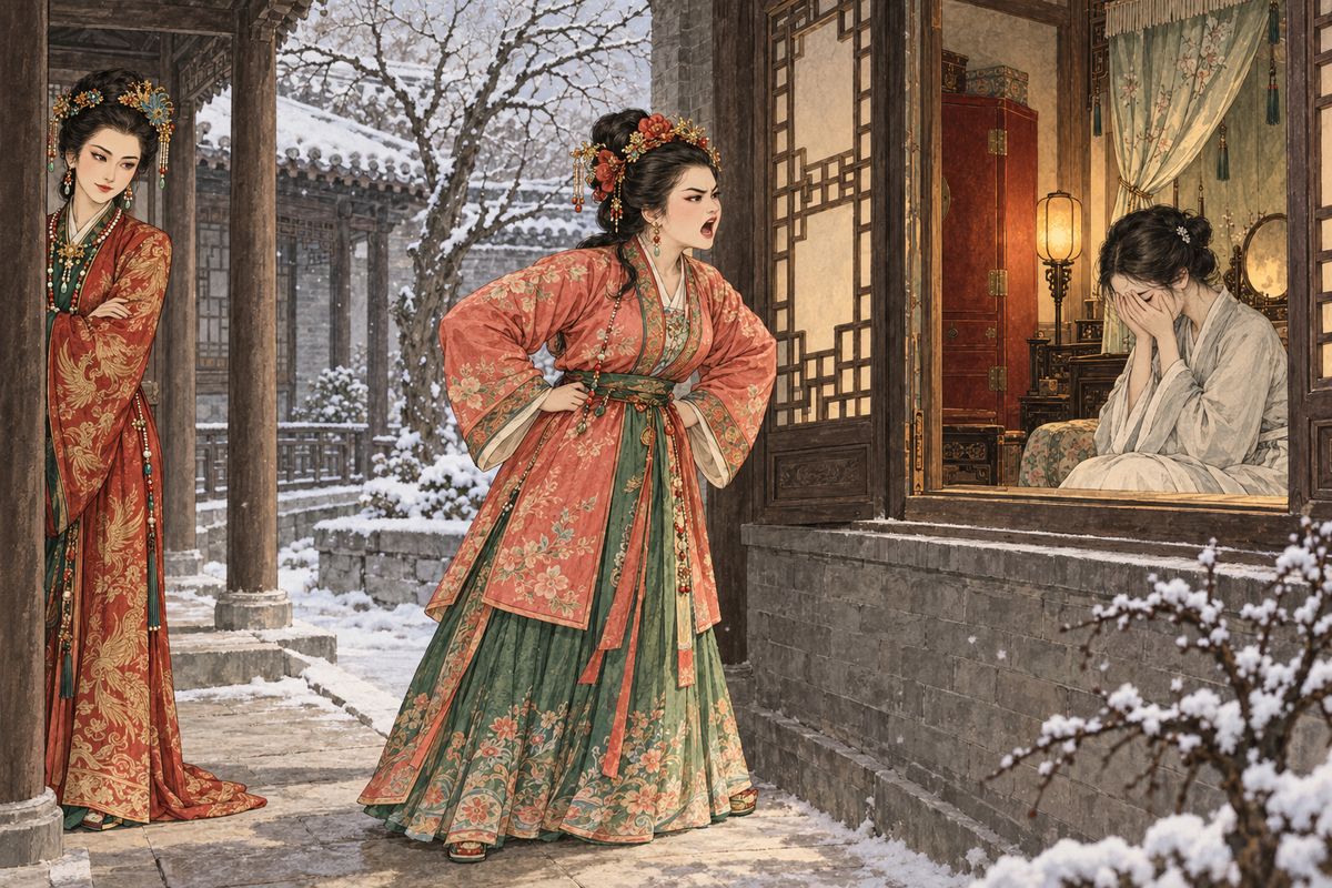 Jia Lian came home, and his father Jia She rewarded him with the seventeen-year-old maid Qiutong as a concubine. Xifeng hid a fresh thorn behind a smile and saw a borrowed sword. Quietly goading Qiutong, she let her stand under Erjie's window day after day, screaming that she was a whore no man would have, while Xifeng pretended not to dare interfere.